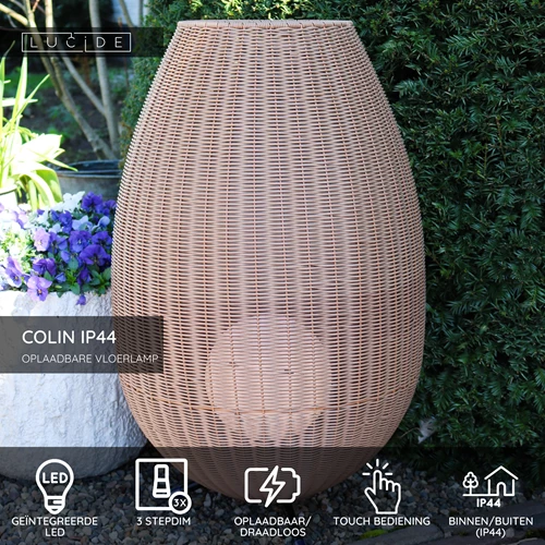 Lucide COLIN IP44 - Oplaadbare Vloerlamp Binnen/Buiten - Accu/Batterij - LED 3 StepDim - 1x3W 3000K - IP44 - Naturel - USP